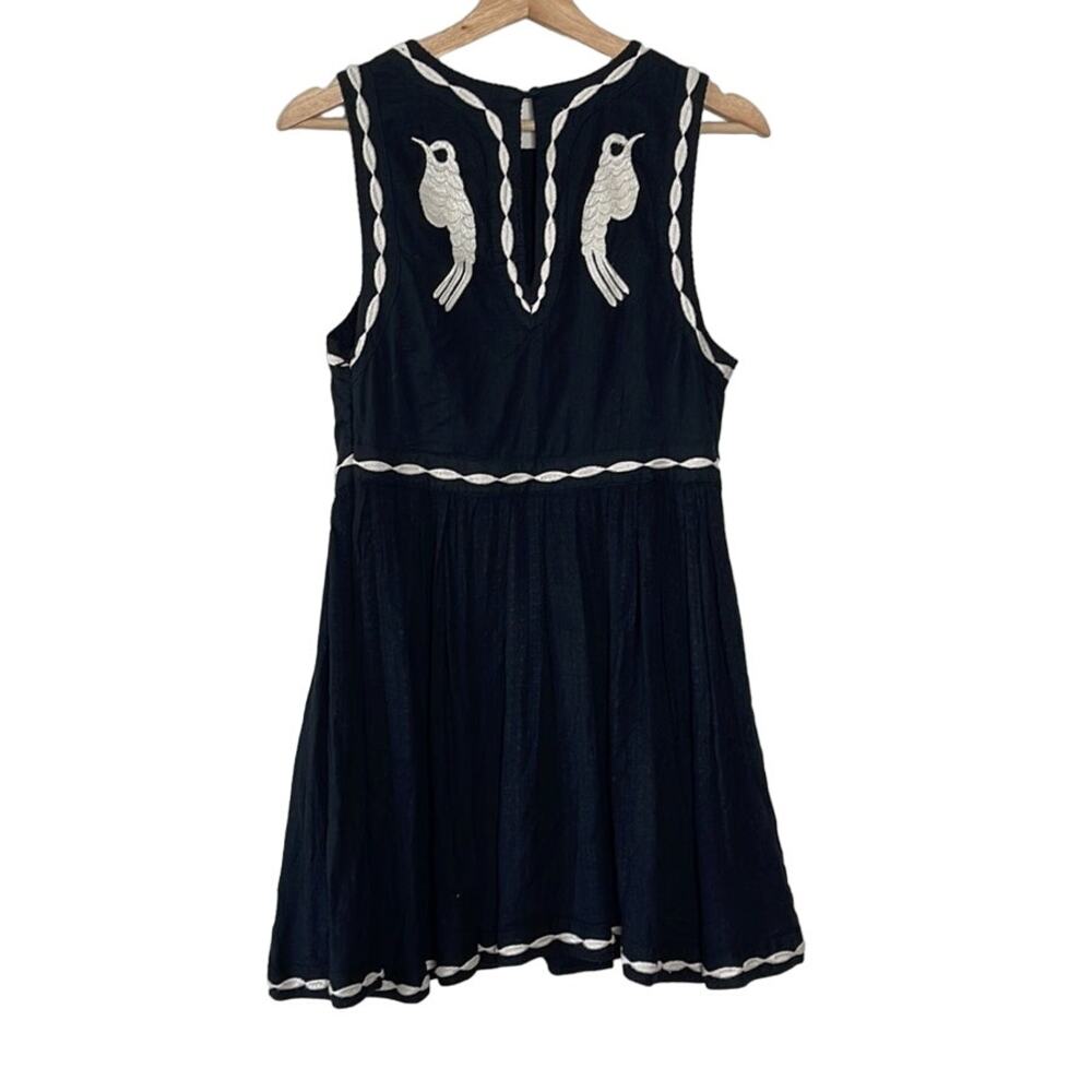 Free People Black and White Birds of a Feather Embroidered Mini Dress